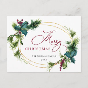 Elegant Holly Berry Pine Fir Weihnachtsfeiertag Postkarte