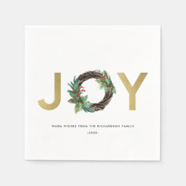 ELEGANT HOLLY BERRY RED GOLD JOY WREATH CHRISTMAS SERVIETTE