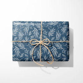 Elegant Holly & Berry Stems Blue Geschenkpapier