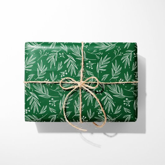 Elegant Holly & Berry Stems Green Geschenkpapier