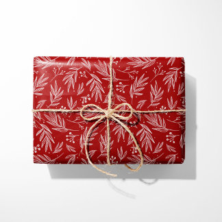 Elegant Holly & Berry Stems Red Geschenkpapier