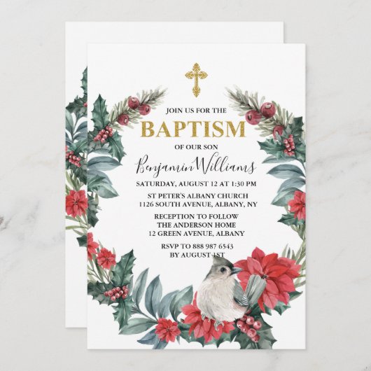Elegant Holly Berry Winter Baptisse Einladung (Vorne/Hinten)