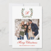 Elegant Holly Berry Wreath Monogram Foto Feiertagskarte (Vorderseite)