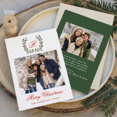 Elegant Holly Berry Wreath Monogram Foto Feiertagskarte