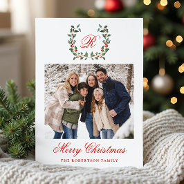 Elegant Holly Berry Wreath Monogram Foto Feiertagskarte