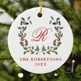 Elegant Holly Berry Wreath Monogram Foto Keramik Ornament