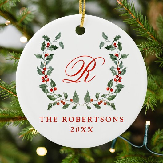 Elegant Holly Berry Wreath Monogram Foto Keramik Ornament