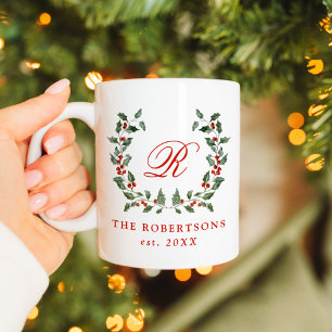 Elegant Holly Berry Wreath Monogram Personalisiert Kaffeetasse