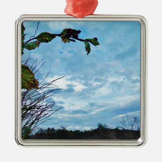 Elegant Holly Christmas, blauer Himmel Silbernes Ornament (Vorne)