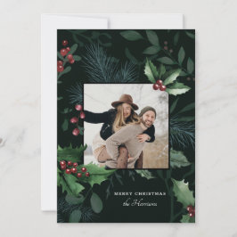 Elegant Holly Christmas Dark Green Botanical Foto Feiertagskarte