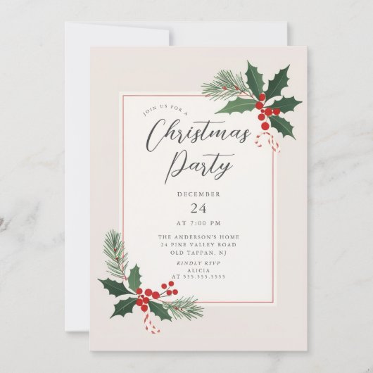 Elegant Holly Christmas Party Invitation Einladung (Vorderseite)