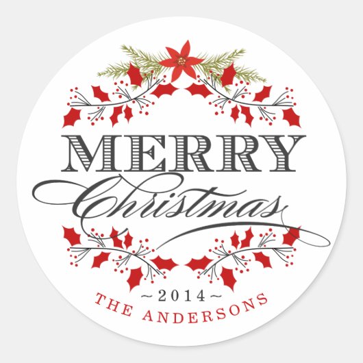 Elegant Holly Christmas Wreath Red & White Sticker (Vorderseite)