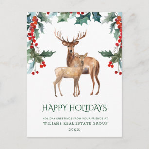 Elegant Holly Deer Christmas Corporate Greeting Feiertagspostkarte