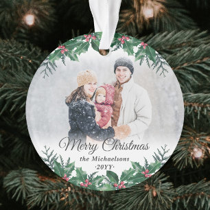 Elegant Holly Greenery 2 Foto Frohe Weihnachten Ornament