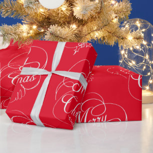 Elegant Holly Merry Christmas Red Geschenkpapier