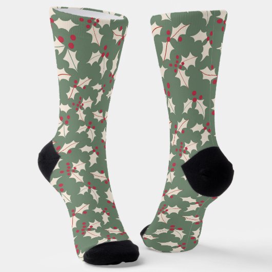 Elegant Holly Pattern Green Red, Ivory Socken (Gewinkelt)