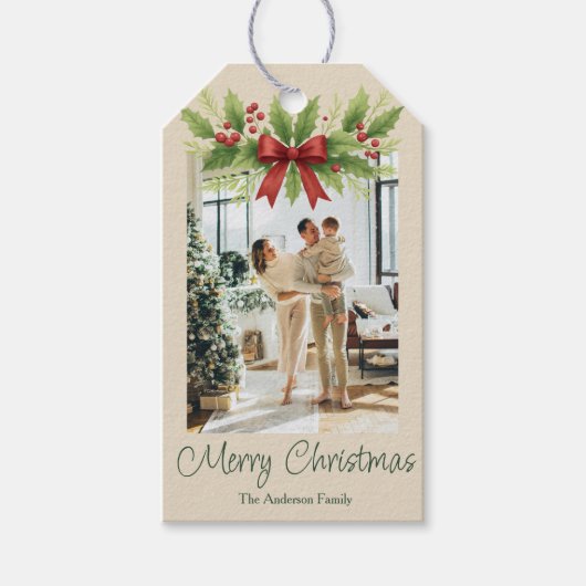 Elegant Holly & Red Bow Christmas - Geschenkanhänger (Vorderseite)