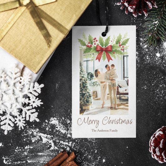 Elegant Holly & Red Bow Christmas - Geschenkanhänger