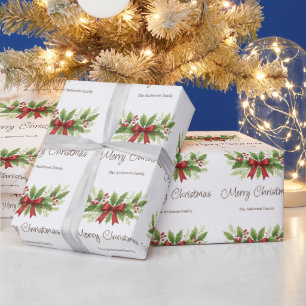 Elegant Holly & Red Bow Christmas - Geschenkpapier