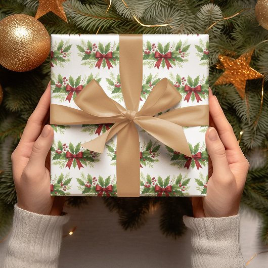 Elegant Holly & Red Bow Christmas - Geschenkpapier