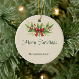 Elegant Holly & Red Bow Christmas - Keramik Ornament