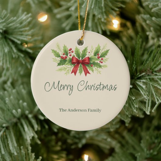 Elegant Holly & Red Bow Christmas - Keramik Ornament (Baum)