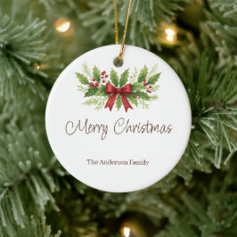 Elegant Holly & Red Bow Christmas - Keramik Ornament