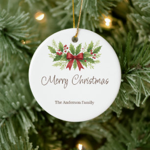 Elegant Holly & Red Bow Christmas - Keramik Ornament