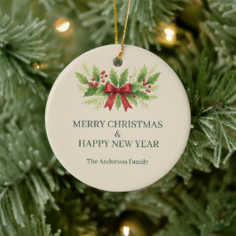 Elegant Holly & Red Bow Christmas - Keramik Ornament