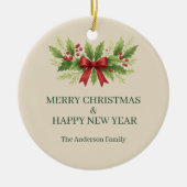 Elegant Holly & Red Bow Christmas - Keramik Ornament (Vorne)
