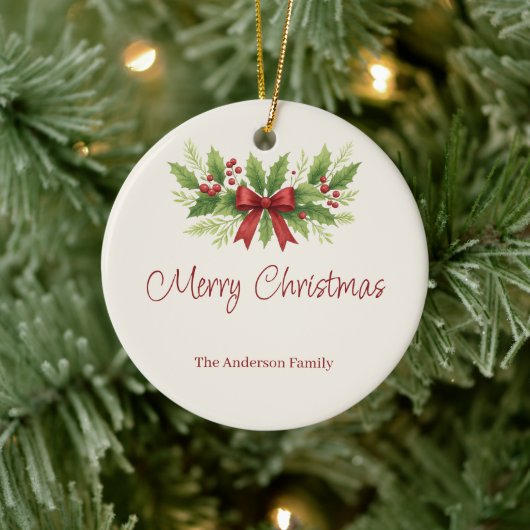 Elegant Holly & Red Bow Christmas - Keramik Ornament (Baum)