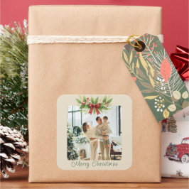 Elegant Holly & Red Bow Christmas - Quadratischer Aufkleber
