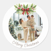 Elegant Holly & Red Bow Christmas - Runder Aufkleber (Vorderseite)