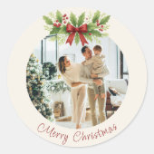 Elegant Holly & Red Bow Christmas - Runder Aufkleber (Vorderseite)