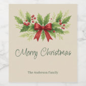 Elegant Holly & Red Bow Christmas - Weinetikett (Einzelnes Label)