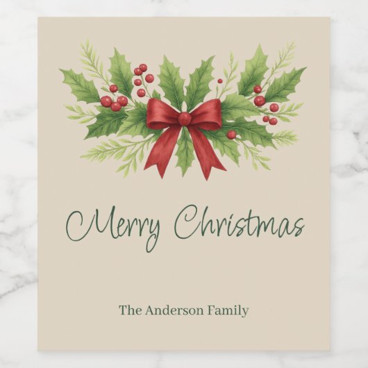 Elegant Holly & Red Bow Christmas - Weinetikett (Einzelnes Label)