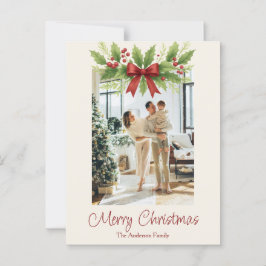 Elegant Holly & Red Bow Weihnachtskarte Postkarte