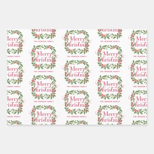 Elegant Holly Wreath Merry Christmas Geschenkpapier Set (Vorderseite 3)