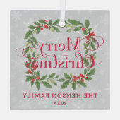 Elegant Holly Wreath Merry Christmas  Ornament Aus Glas (Rückseite)