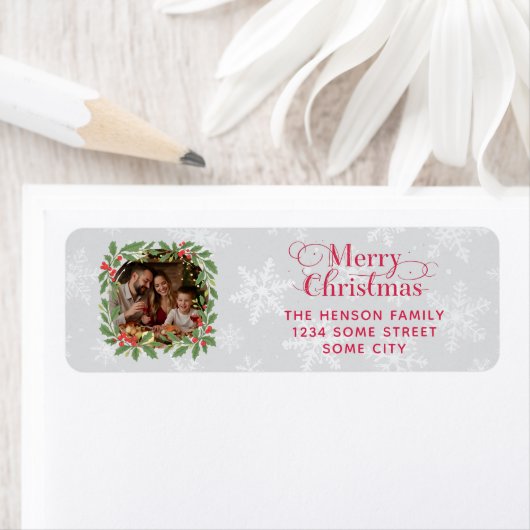 Elegant Holly Wreath Merry Christmas Photo Address (Insitu)
