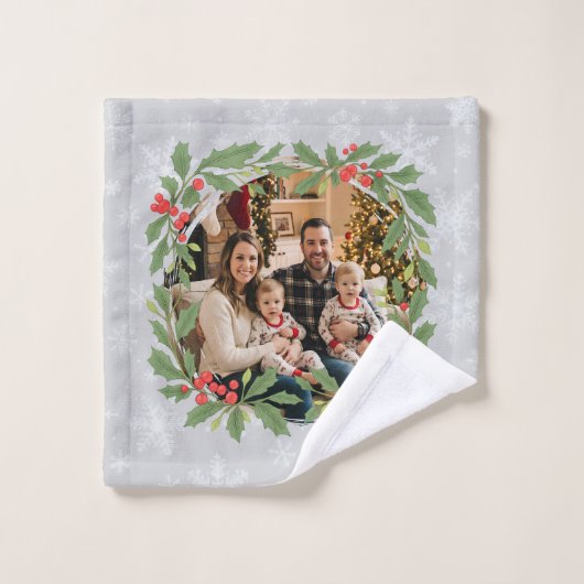 Elegant Holly Wreath Merry Christmas Photo Badhandtuch Set (Waschlappen)