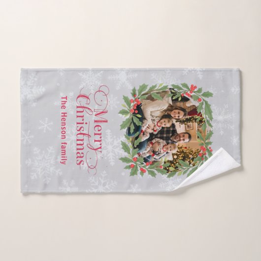 Elegant Holly Wreath Merry Christmas Photo Badhandtuch Set (Handtuch)