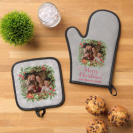 Elegant Holly Wreath Merry Christmas Photo Ofenhandschuh & Topflappen-Set