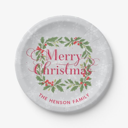 Elegant Holly Wreath Snowflakes Merry Christmas Pappteller (Vorderseite)