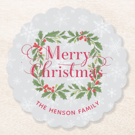 Elegant Holly Wreath Snowflakes Merry Christmas Untersetzer (Vorderseite)