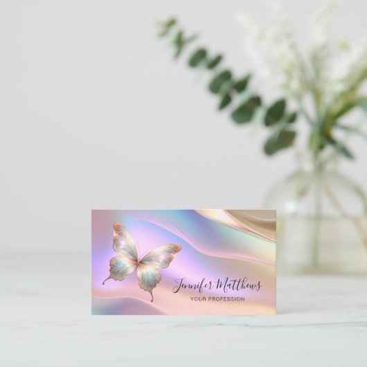 Elegant Holographic Butterfly Script Visitenkarte (Stehend Vorderseite)