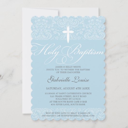 ELEGANT HOLY BAPTISM stylisches Damasketskript bla Einladung (Vorderseite)