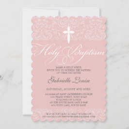 ELEGANT HOLY BAPTISM stylisches Damasskript pink Einladung