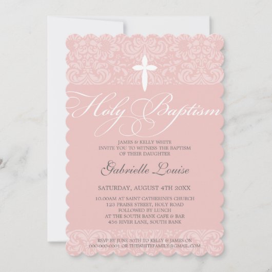 ELEGANT HOLY BAPTISM stylisches Damasskript pink Einladung (Vorderseite)