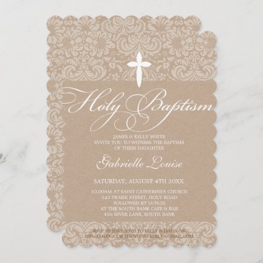 ELEGANT HOLY BAPTISM stylish damask script Einladung (Vorne/Hinten)